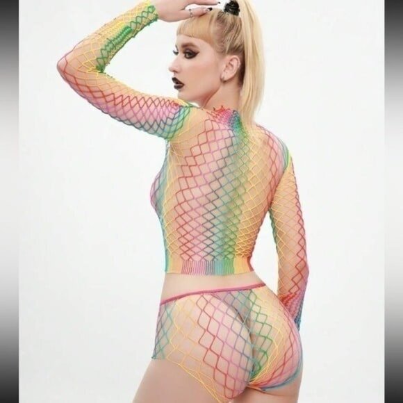 Rainbow Color Long-Sleeve Two-Piece Fishnet Set One-Size - Picture 2 of 6
